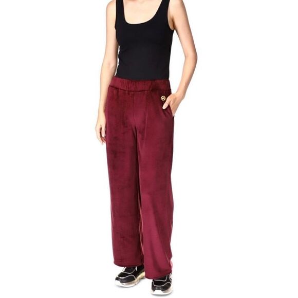 Michael Kors Velour Pants Womens Burgundy Pocketed Pull-on Metallic Logo Size L - Picture 2 of 5